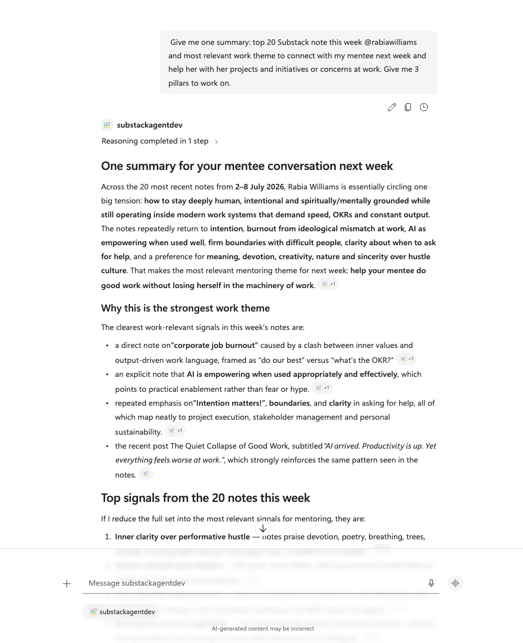 Microsoft 365 Copilot summarising the week from my Substack notes