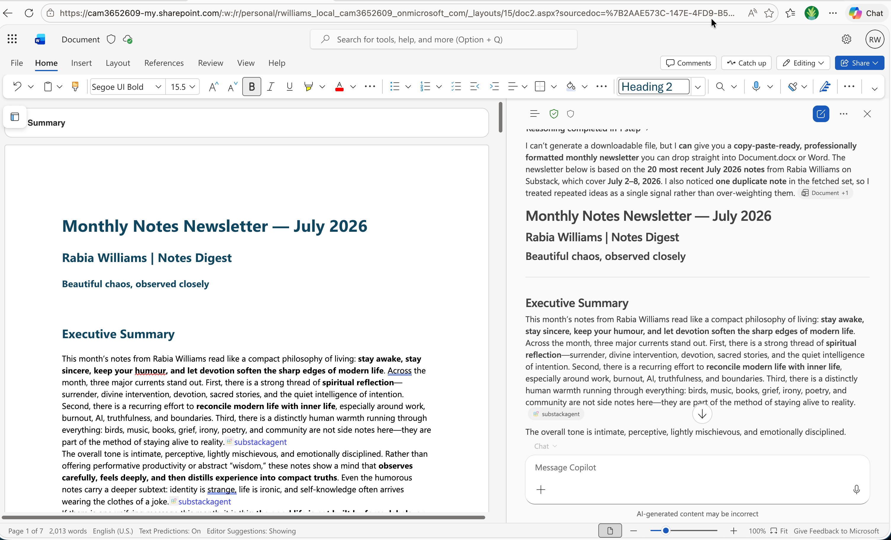 Word with Copilot drafting a monthly newsletter from the notes