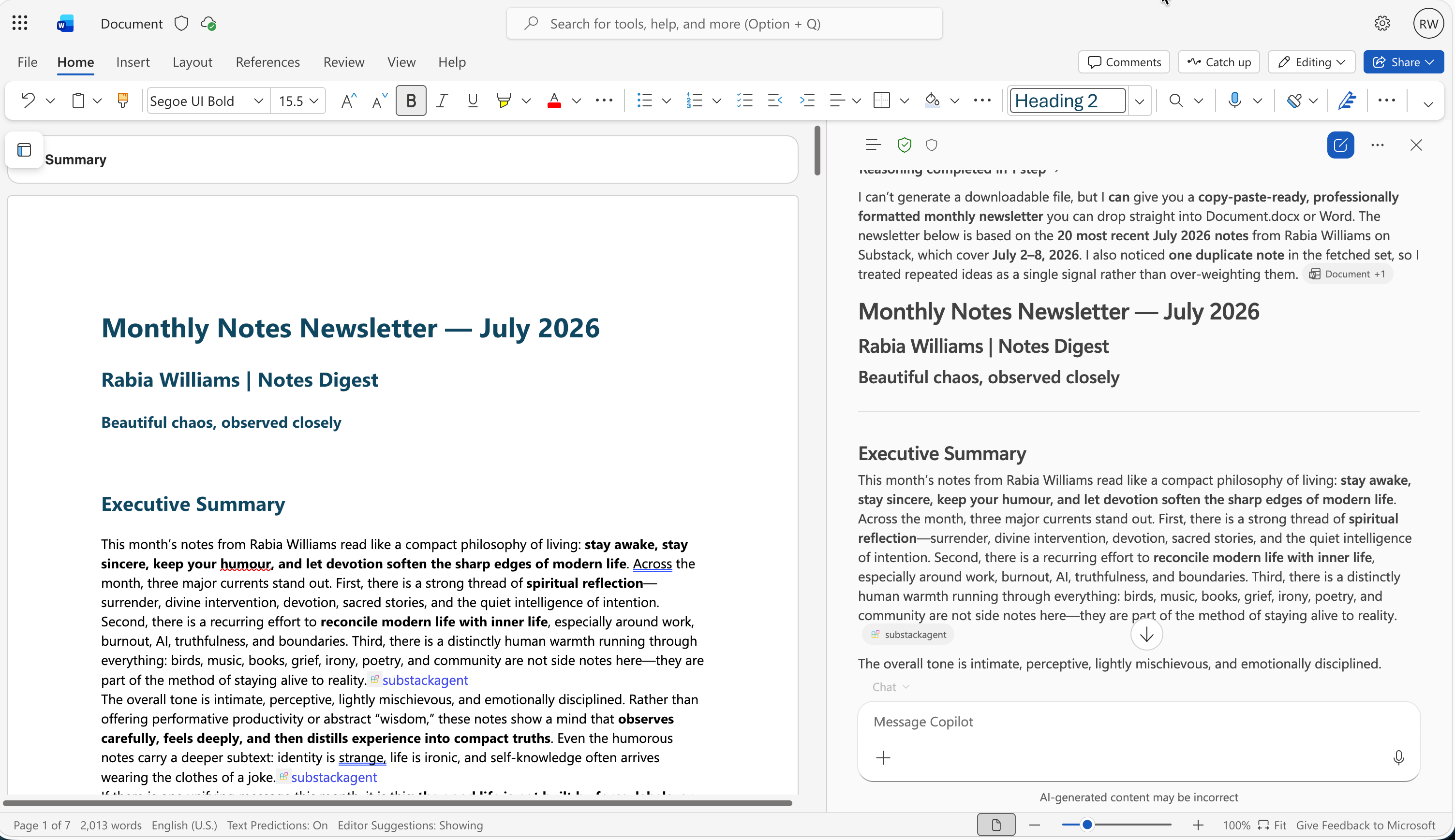 Word with Copilot drafting a monthly newsletter from the notes